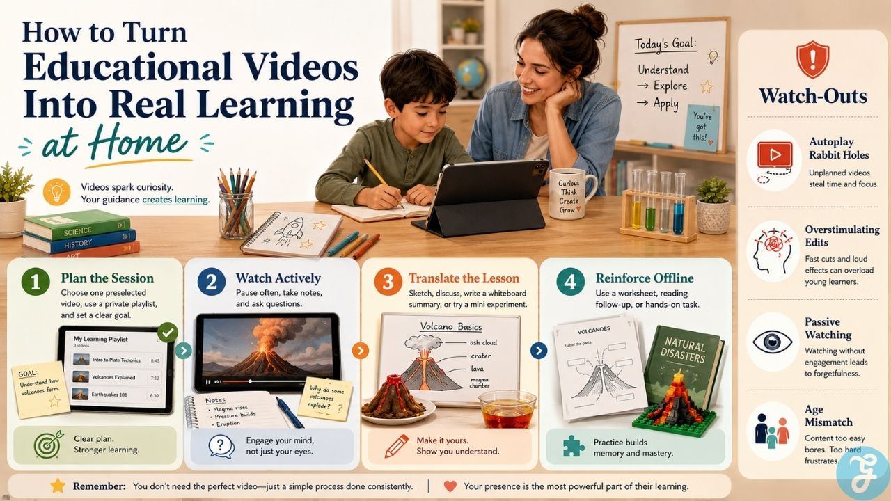 Four step guide for planning, actively watching, discussing, and reinforcing educational videos to improve learning and retention at home.