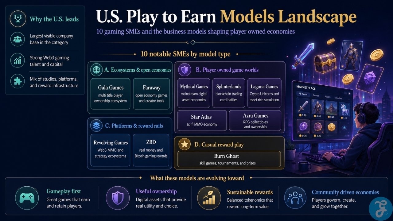 Infographic explaining what makes Play to Earn Models work, including fun first design, useful ownership, balanced rewards, and stronger player trust.