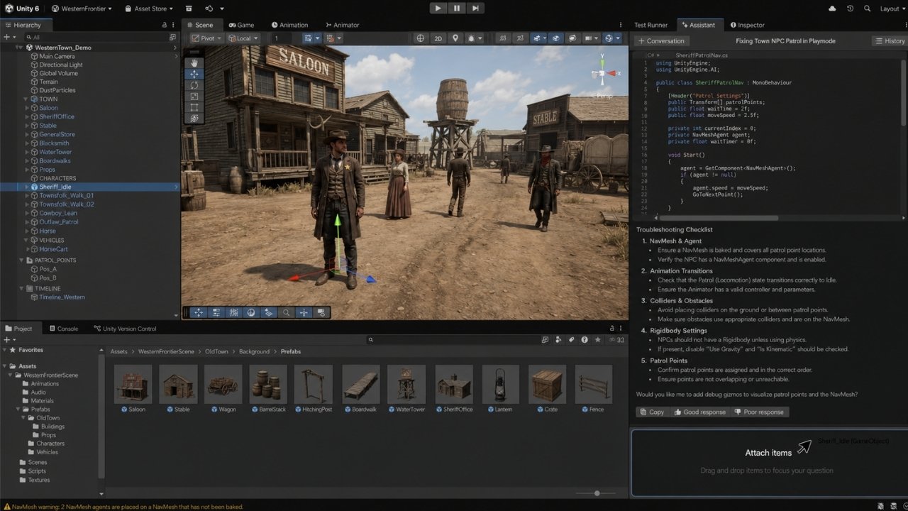Unity editor showing multiple characters, western buildings, and development tools in an old frontier town scene.