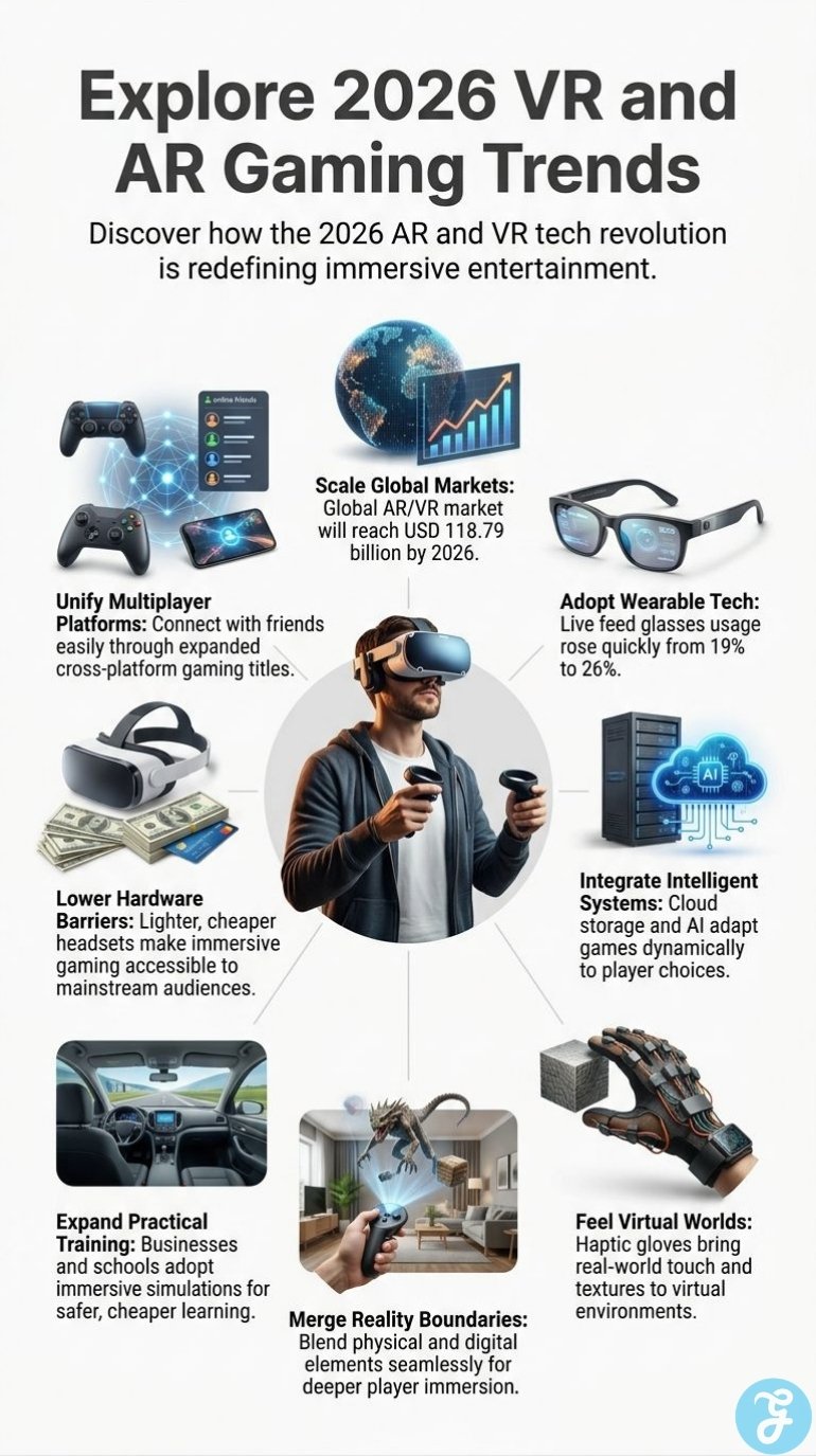 Infographic explaining cross platform gaming, wearable technology, AI systems, mixed reality, haptics, and practical training.