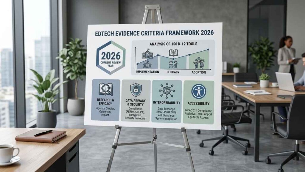 EdTech evidence criteria framework showing 2026 review, efficacy, privacy, interoperability, and accessibility factors.