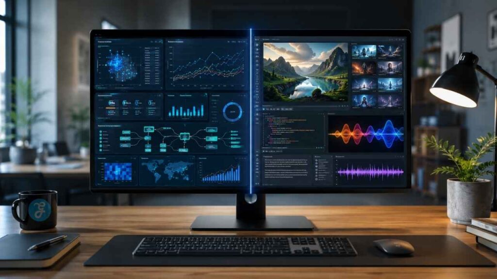 Generative AI vs Traditional AI shown through predictive data dashboards and creative image, code, and audio generation tools.