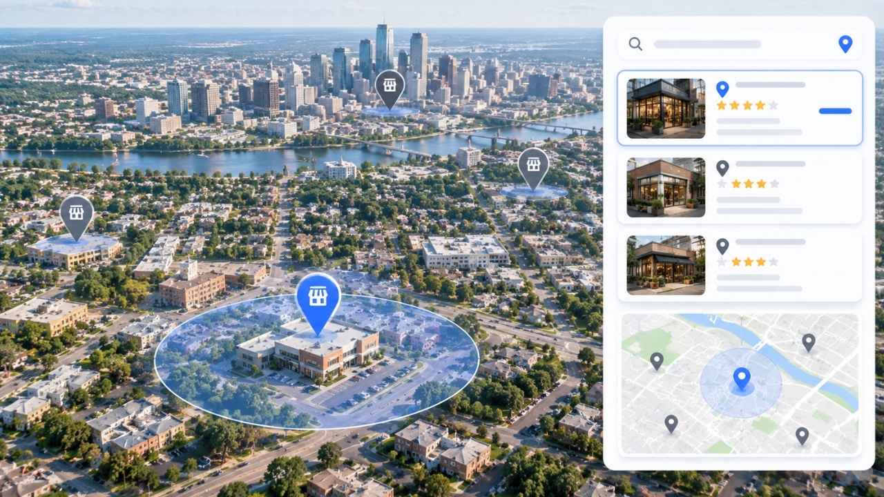 Visual representation of what is local SEO showing map pins across a city alongside digital local business search listings.
