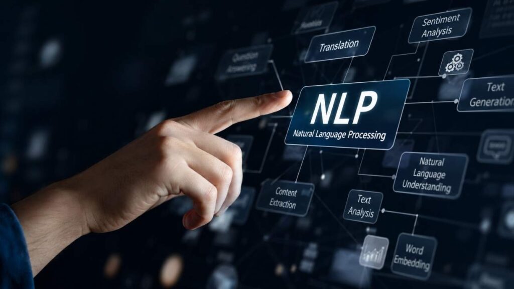 What Is Natural Language Processing interface showing NLP applications such as sentiment analysis, translation, text generation, and word embeddings.
