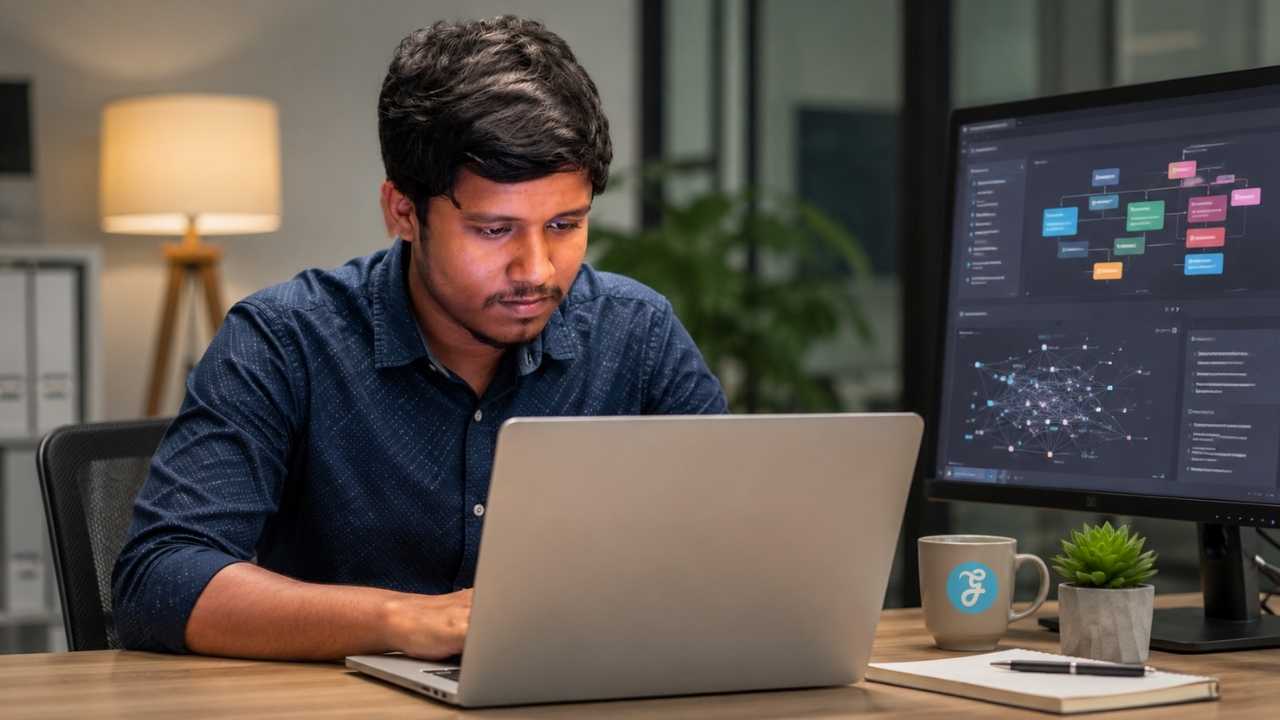 Professional working on a laptop with a language processing dashboard, illustrating what is natural language processing in a modern office setting.