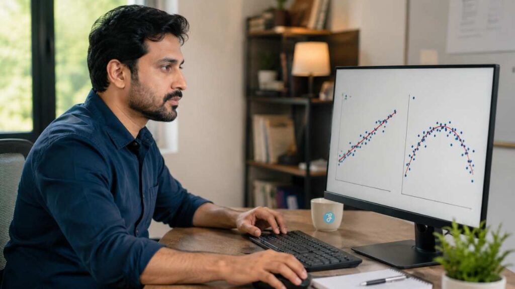 Data analyst reviewing graphs that illustrate overfitting in machine learning on a computer monitor.