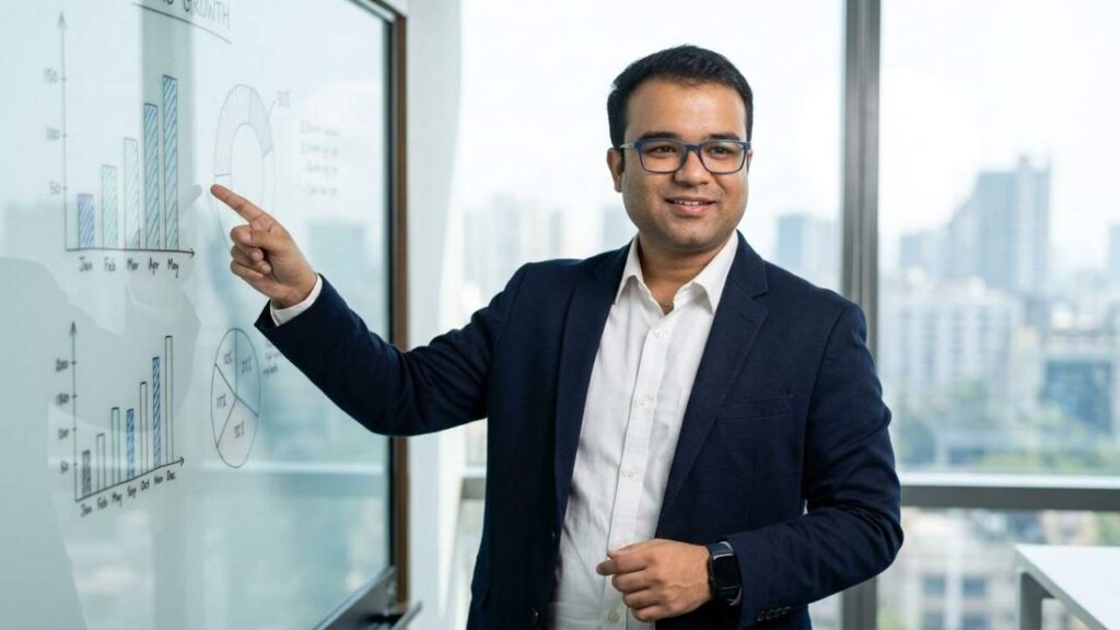 Expert explaining horizontal vs vertical SaaS market dynamics using bar and pie charts.