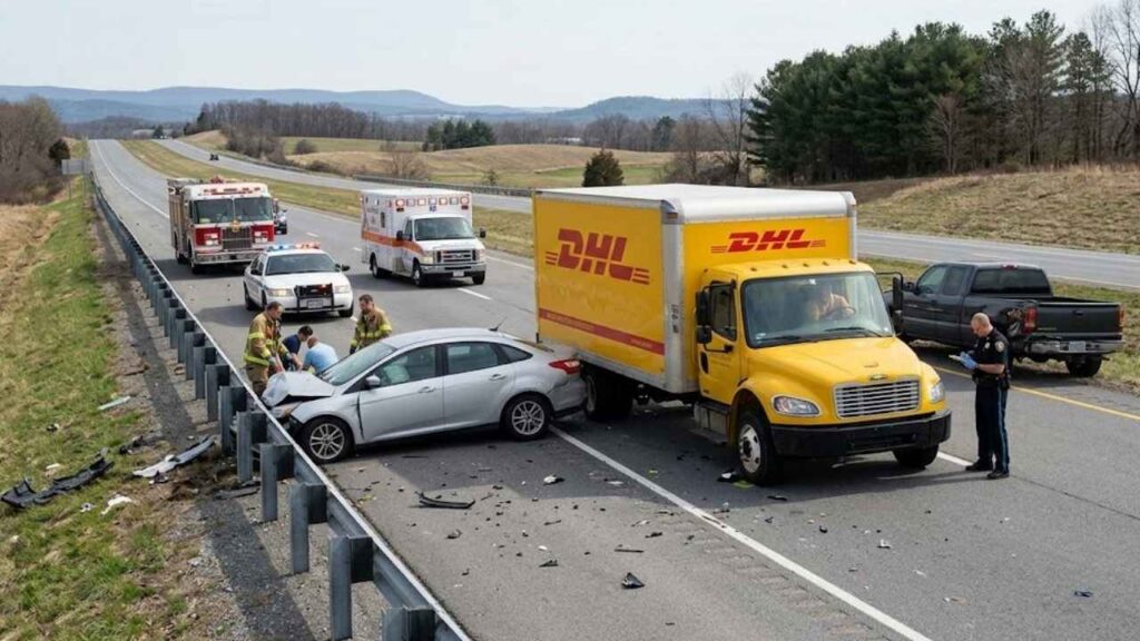 A silver car is crashed into a yellow DHL delivery truck on a highway with emergency responders attending the scene, as depicted in the file Who Is Liable When a DHL Delivery Truck Causes a Serious Accident