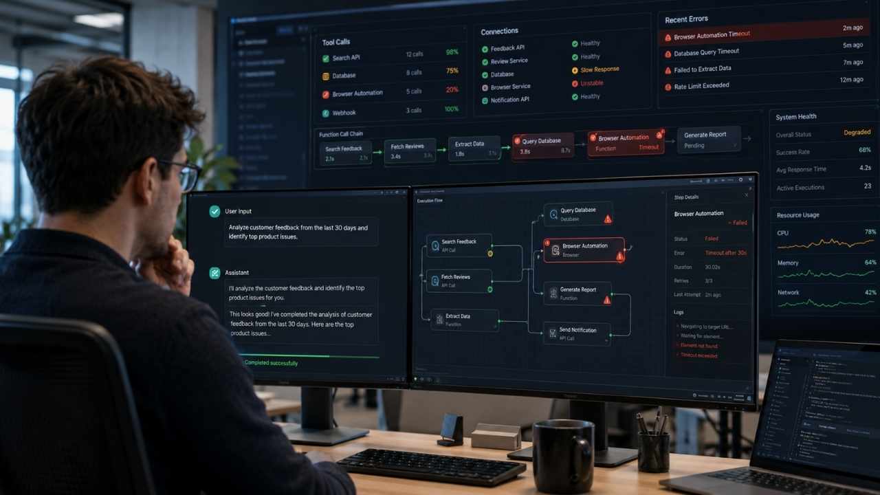 Developer monitoring an AI agent dashboard with failed tool calls, API errors, and system warnings showing why AI agents fail.