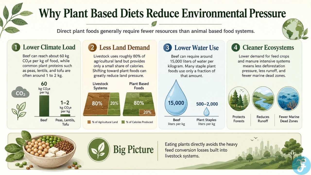 Comparison showing how plant based diets can reduce emissions, land demand, water use, and ecosystem damage.