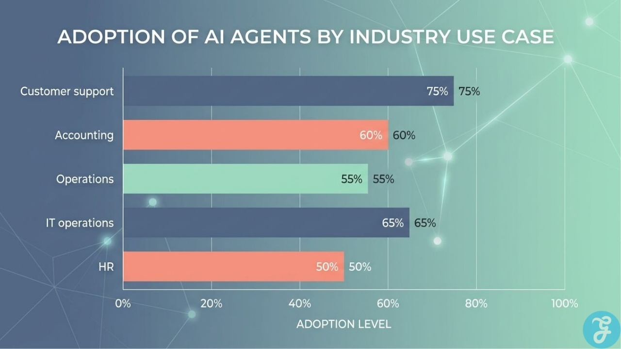 Chart comparing AI agent adoption across customer support, accounting, operations, IT, and human resources.