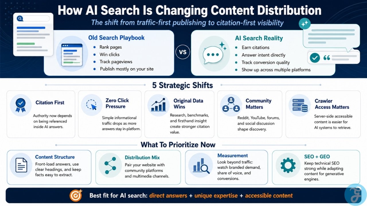 Infographic comparing traditional search with AI search and explaining citation visibility, zero click traffic, GEO, and content priorities.
