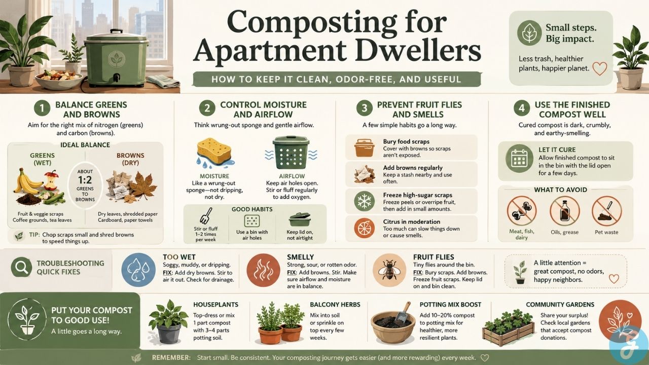 Infographic showing simple apartment composting habits for managing moisture, odors, fruit flies, and finished compost.