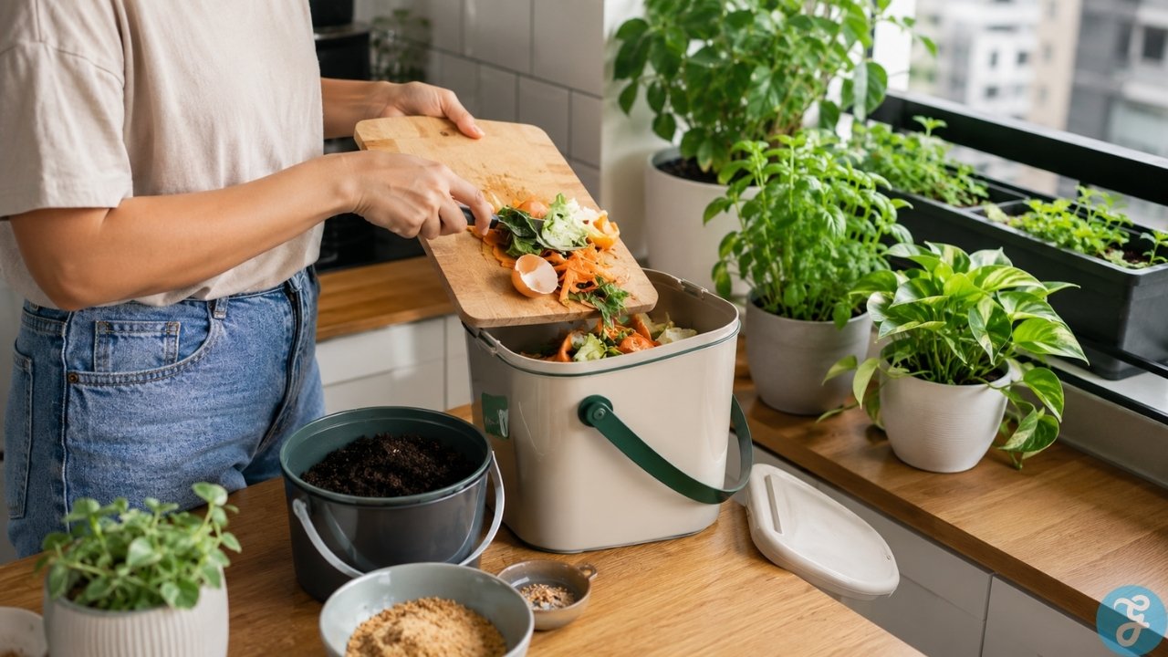 composting apartment featured image. Person adding kitchen scraps to a compost bin, showing how apartment composting can fit cleanly into small urban kitchens.