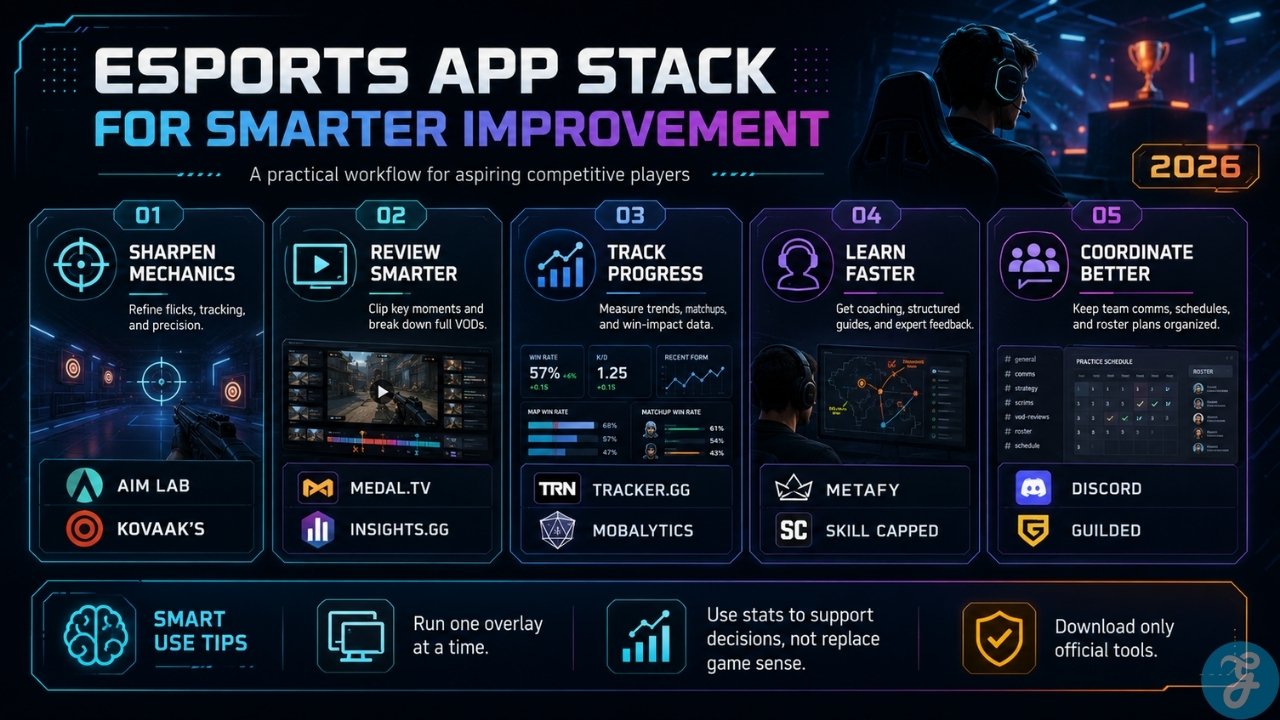 Infographic showing how esports players use training, VOD review, analytics, coaching, and communication apps to improve faster.