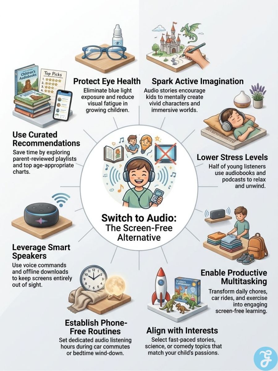 Infographic explaining how audiobooks and podcasts support imagination, routines, relaxation, and screen-free activities.