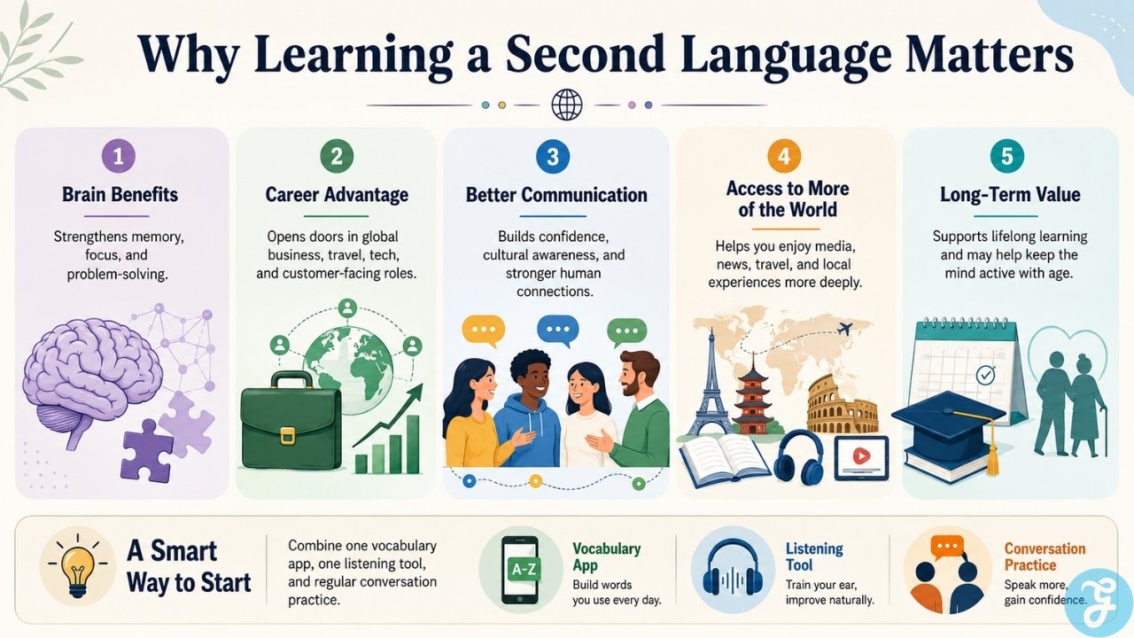 Infographic showing brain, career, communication, travel, and lifelong benefits of learning a second language