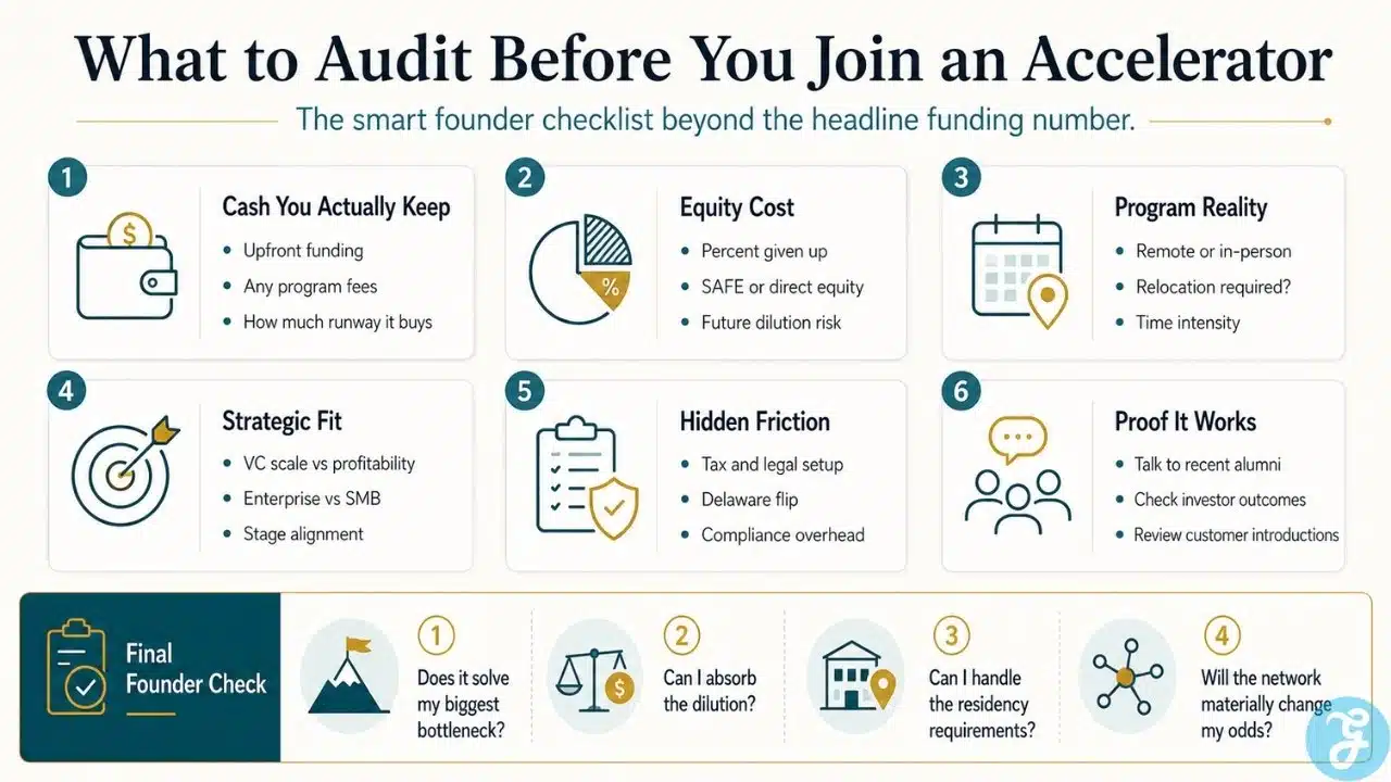 Alt text: Founder checklist infographic explaining what to audit before joining one of the best accelerator programs