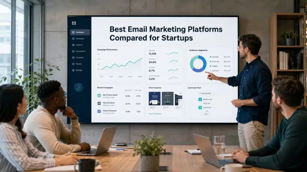 Startup founder comparing the Best Email Marketing Platforms on a campaign analytics dashboard