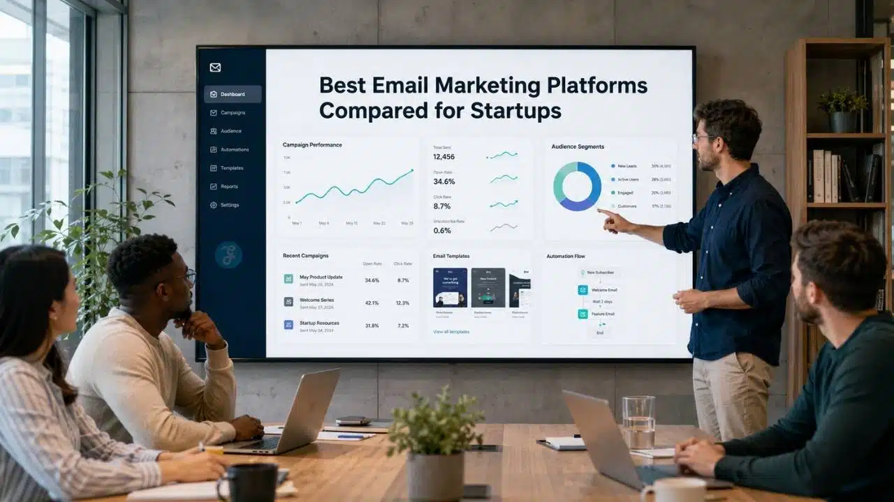 Startup founder comparing the Best Email Marketing Platforms on a campaign analytics dashboard