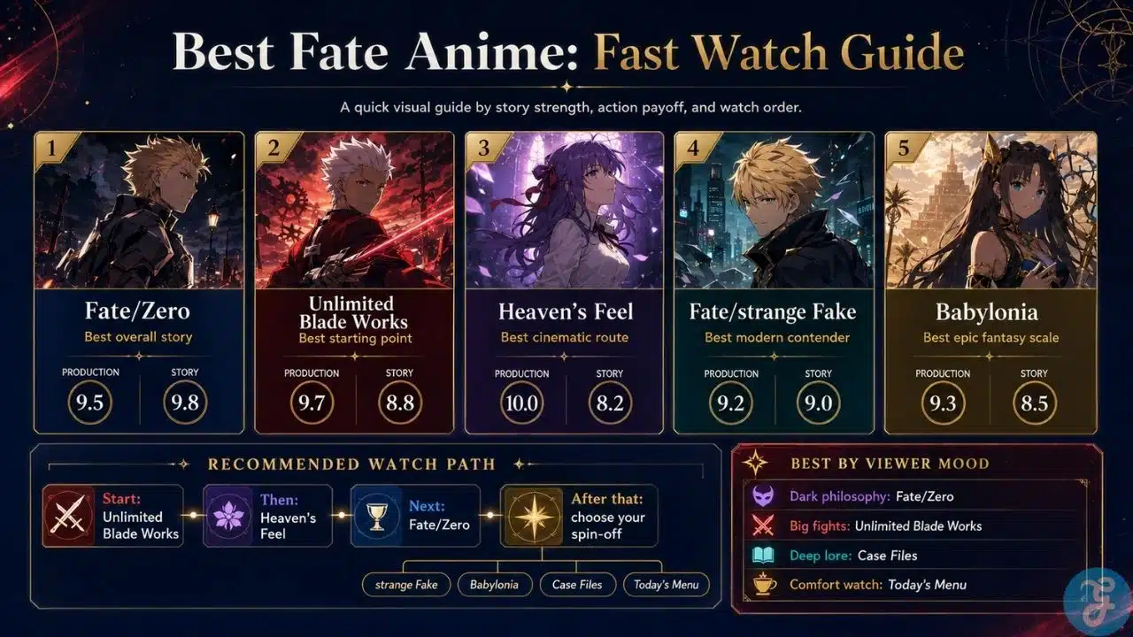 Best Fate anime fast watch guide comparing Fate Zero Unlimited Blade Works Heavens Feel strange Fake and Babylonia