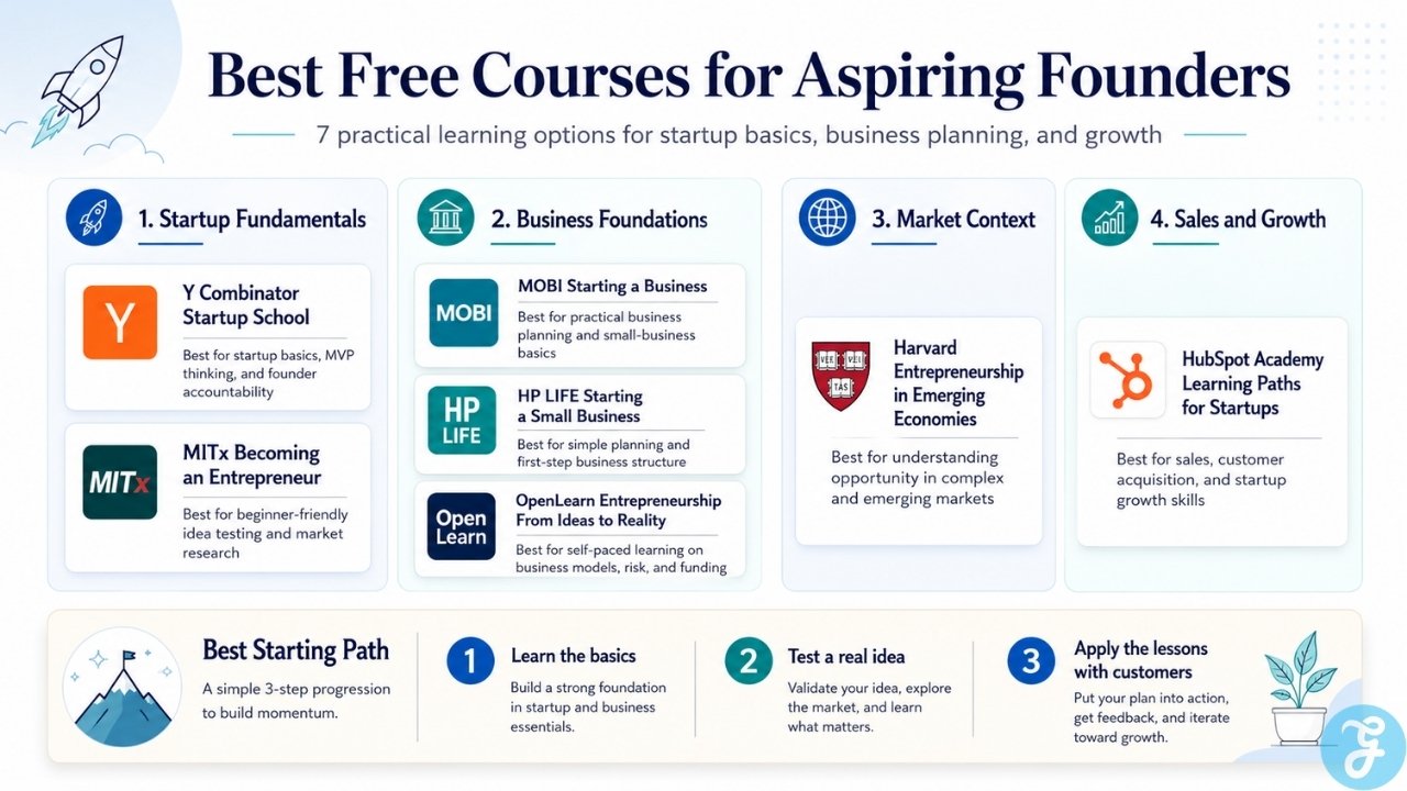 Infographic showing the best free courses aspiring founders can take for startup basics business planning and growth