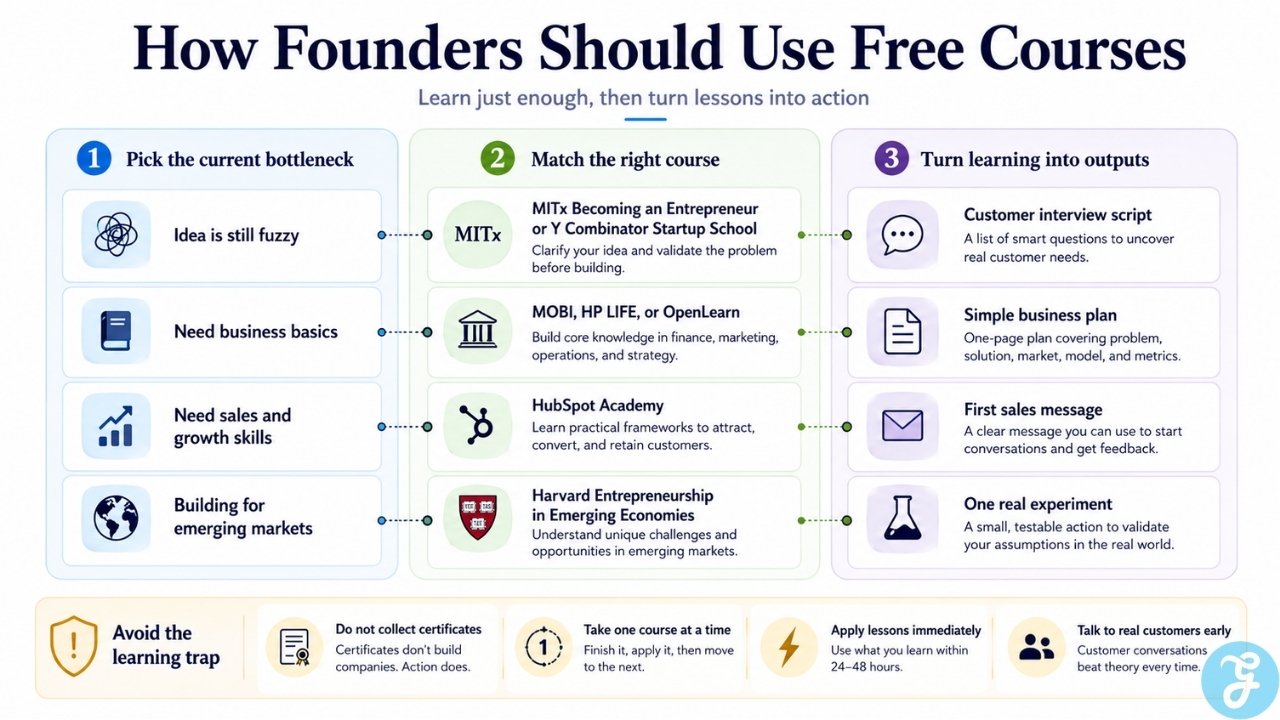 Infographic explaining how aspiring founders should use free courses to solve startup learning gaps and take action