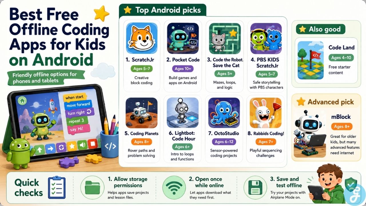 Best free offline coding apps for kids on Android with offline learning apps for phones and tablets