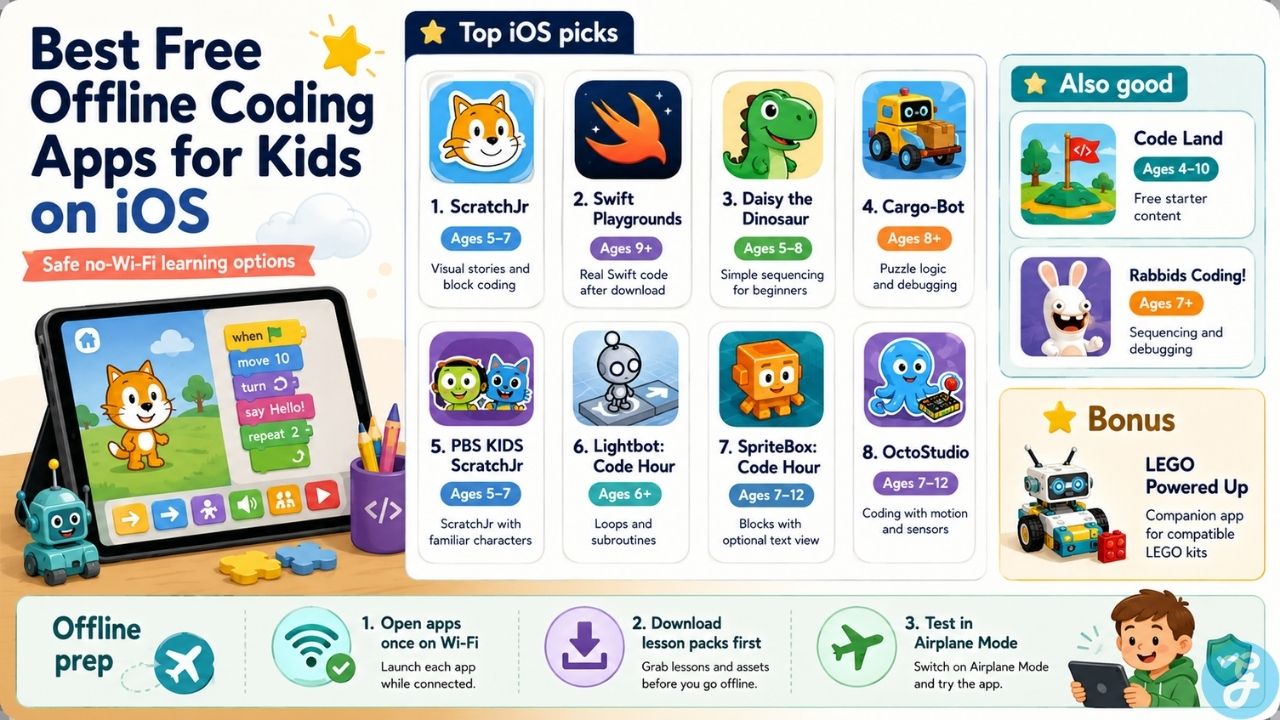Best free offline coding apps for kids on iOS with safe no WiFi learning options