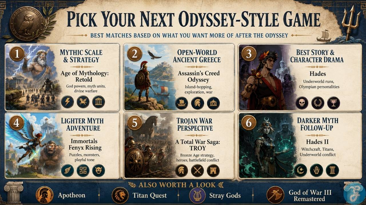 Infographic comparing Greek mythology games by strategy, exploration, story, combat, and Trojan War themes to help readers choose what to play next