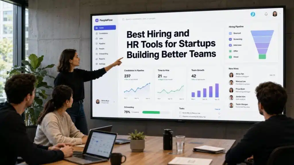 Founder comparing the Best Hiring and HR Tools for Startups on a modern HR dashboard
