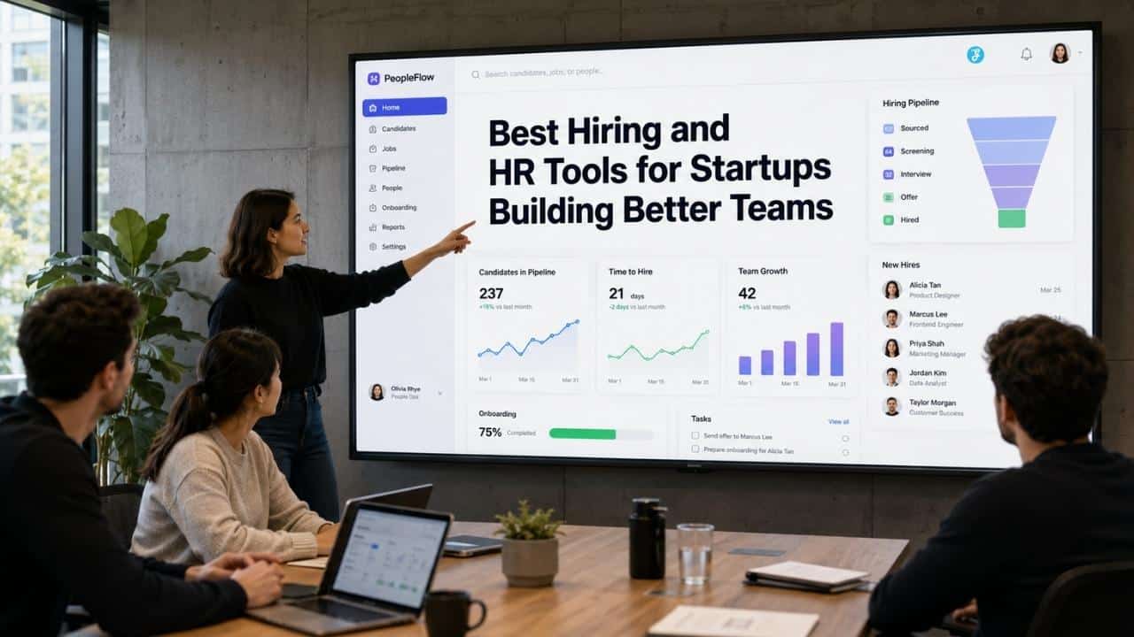 Founder comparing the Best Hiring and HR Tools for Startups on a modern HR dashboard