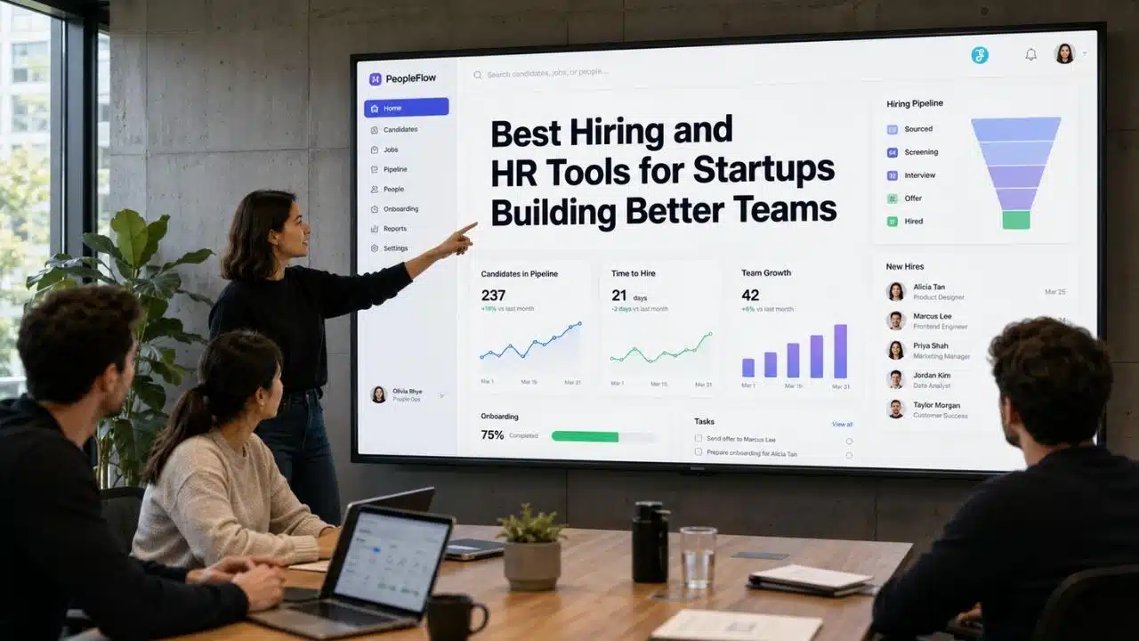 Founder comparing the Best Hiring and HR Tools for Startups on a modern HR dashboard