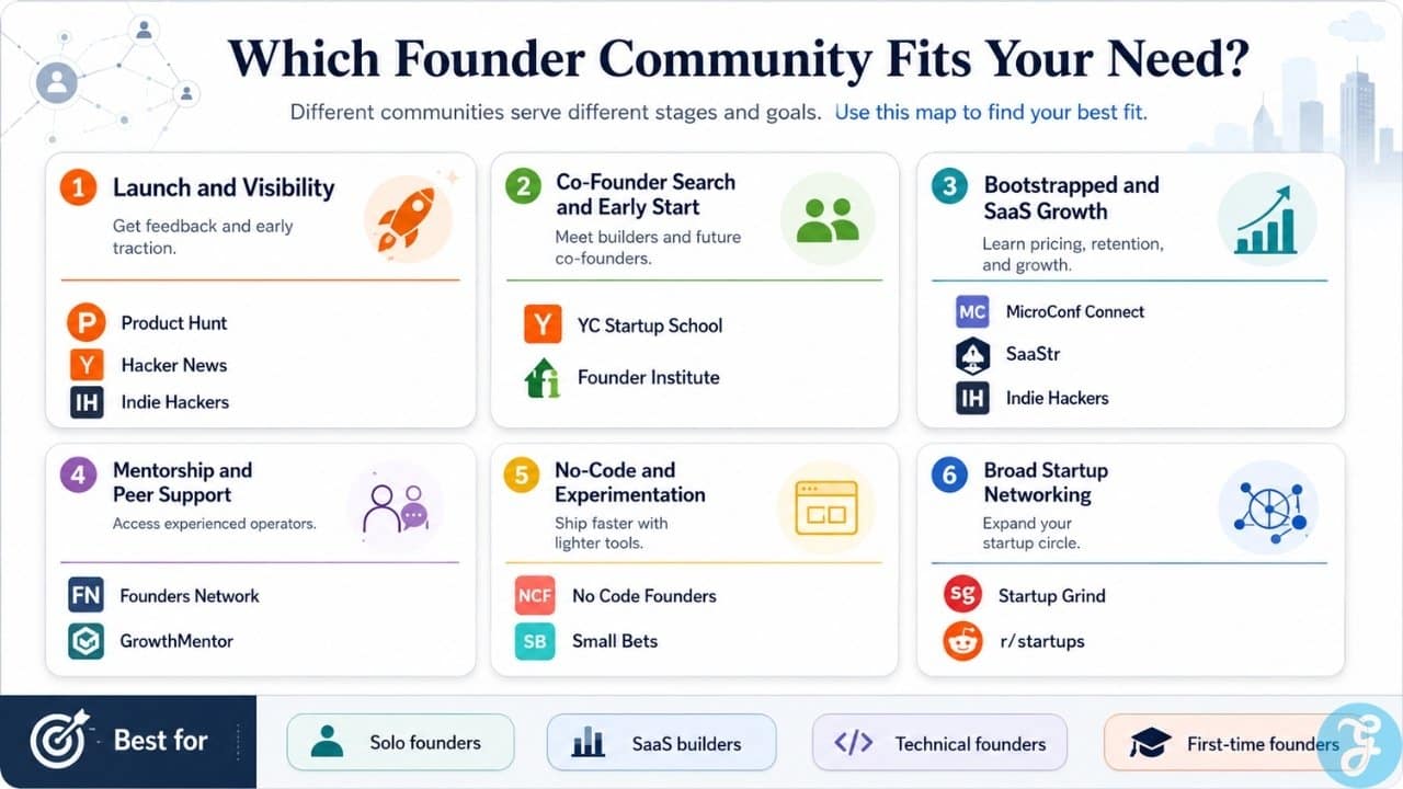 Best online founder communities infographic showing community options for launch visibility, co founder search, SaaS growth, mentorship, no code building, and startup networking.