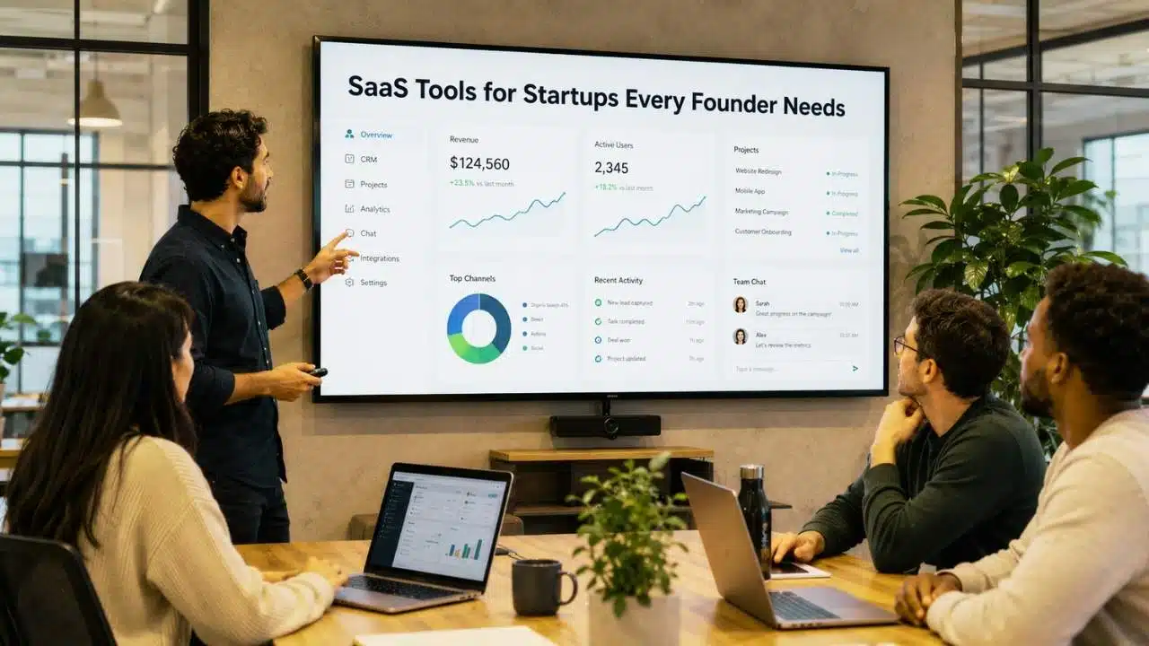 Founder comparing the Best SaaS tools for startups across CRM, analytics, support, finance, HR, and project management dashboards