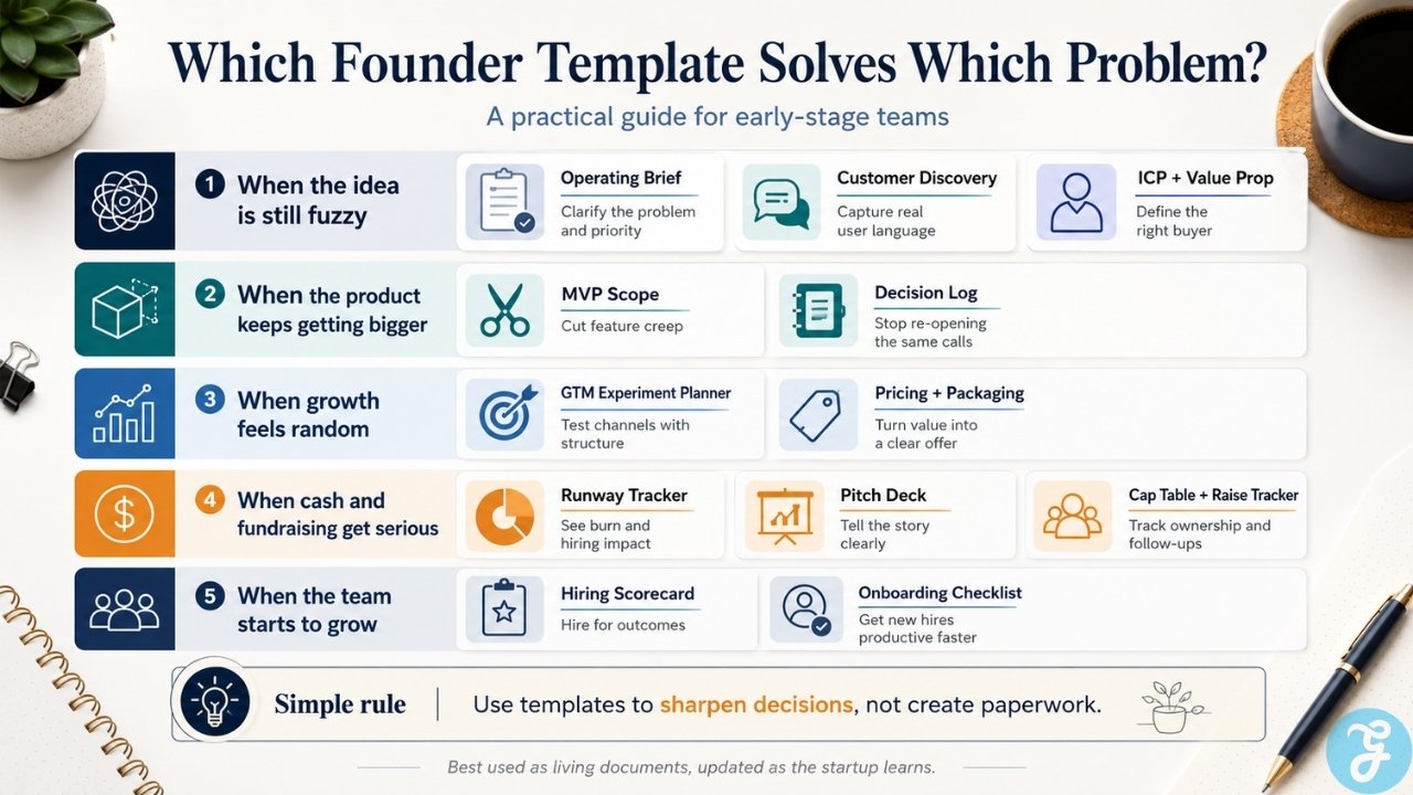 Infographic explaining which founder templates solve common startup problems from unclear ideas to team growth
