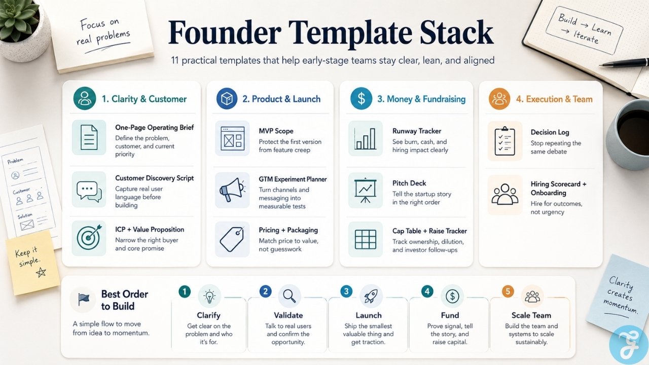 Founder template stack infographic showing key startup templates for clarity product launch fundraising and team execution