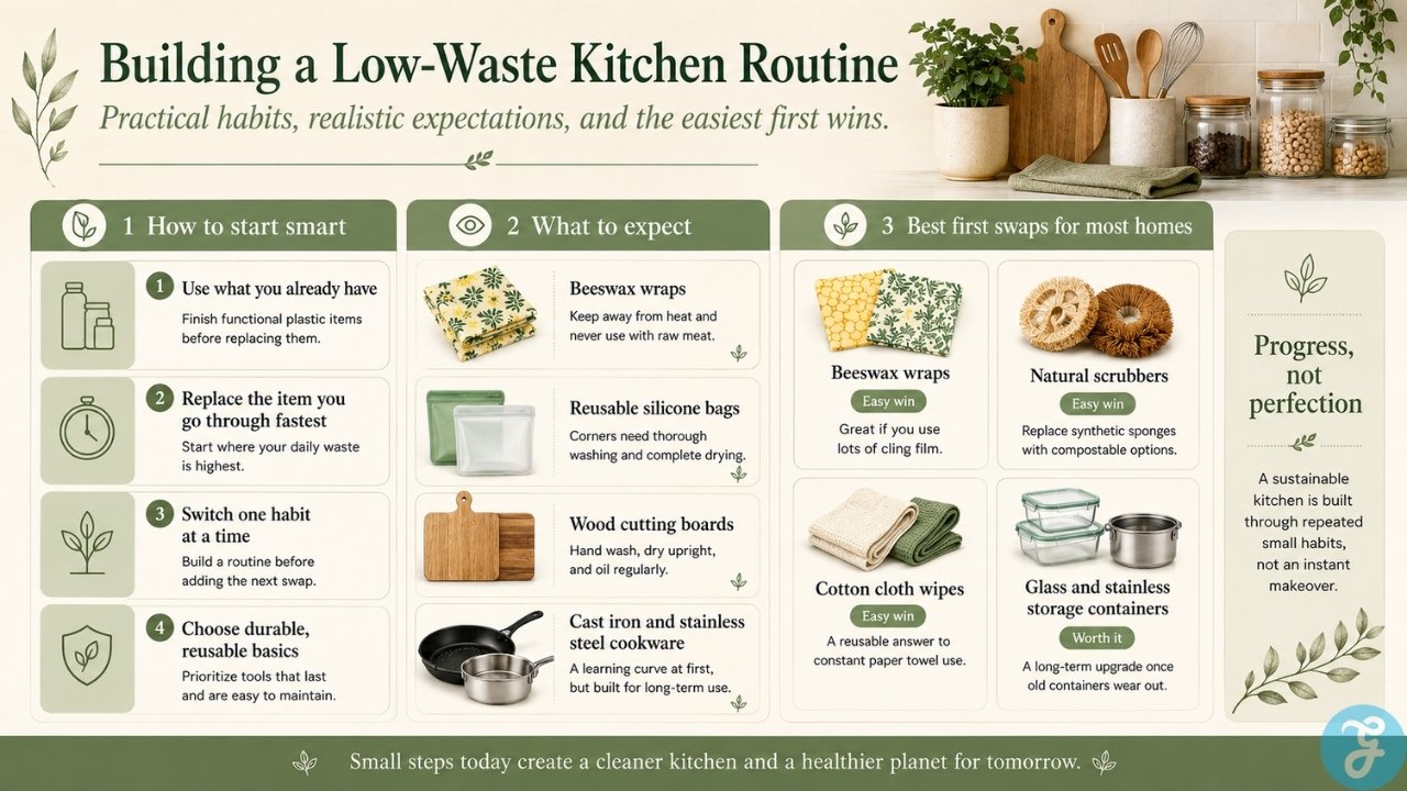 Building a low waste kitchen routine with practical sustainable kitchen habits and easy first swaps