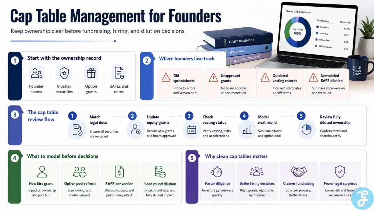 Cap table management roadmap infographic explaining ownership records, equity tracking errors, legal document checks, SAFE dilution, and clean cap table benefits.