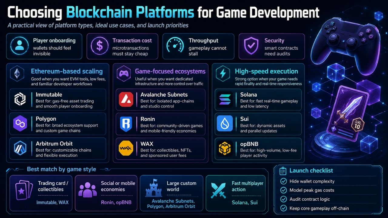 Infographic comparing blockchain platform categories, gaming use cases, and launch priorities to help developers choose the right network.