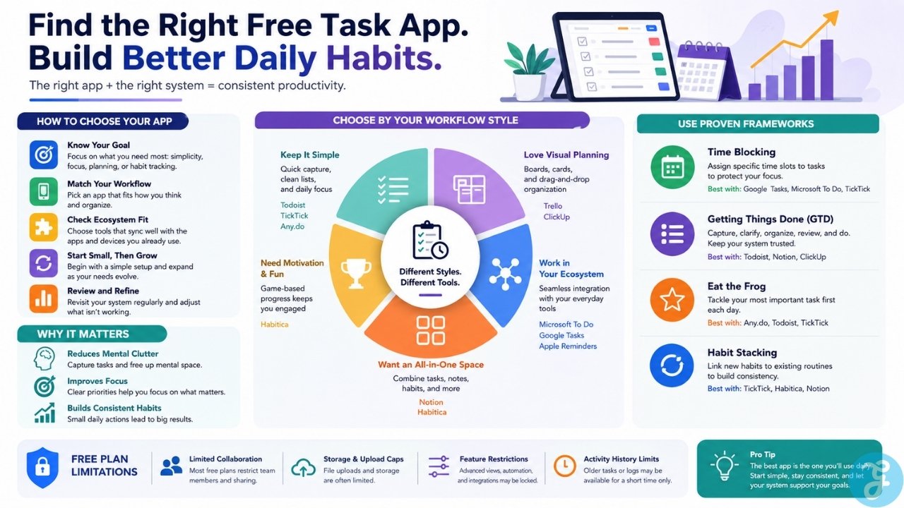 Visual guide comparing task app workflows, productivity methods, and free plan limits to help users choose the right tool