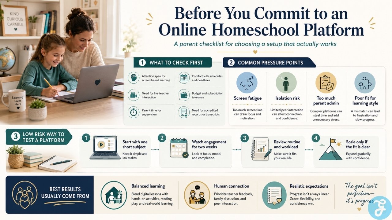 Infographic showing what parents should check before choosing an online homeschool platform to avoid poor fit and overload.