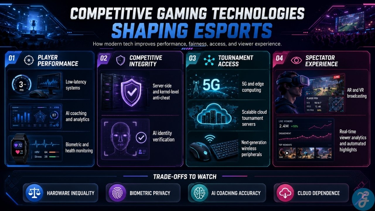 Infographic showing how latency reduction, anti cheat systems, cloud servers, biometrics, AI, and immersive broadcasts shape esports.