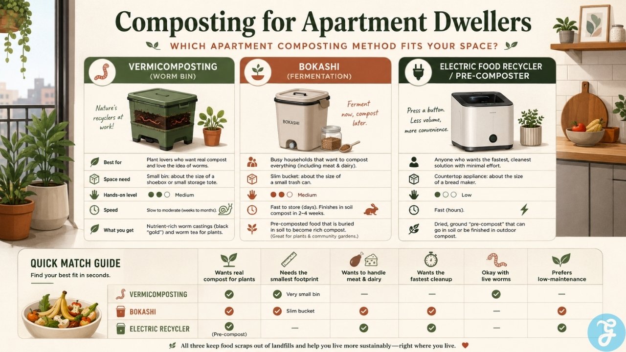 Infographic comparing apartment composting methods to help renters choose between worm bins, Bokashi, and electric recyclers.