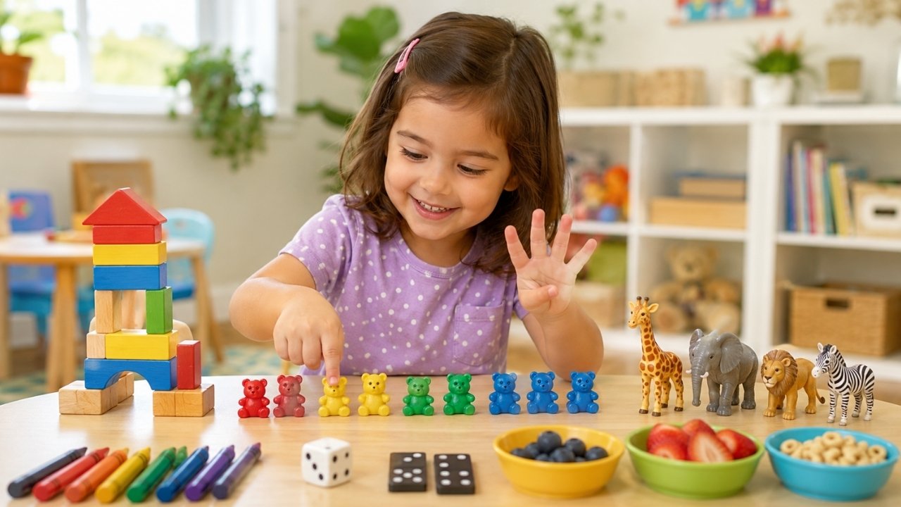 Counting games for kids shown through a preschool child using blocks, counting bears, toy animals, dice, and snacks, helping readers quickly understand how hands on play builds early number skills
