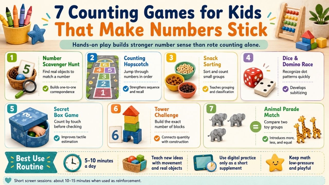 Infographic showing seven counting activities for young children, along with simple tips for using hands on practice and short digital reinforcement to support early numeracy