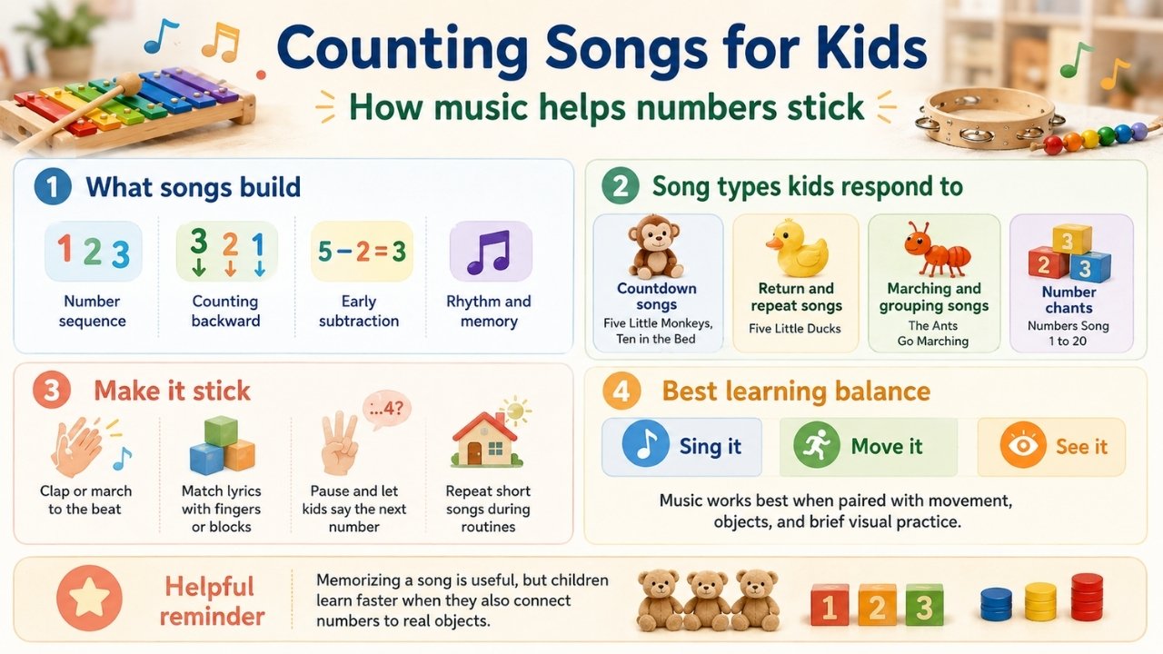 Infographic explaining how counting songs build number sequencing, subtraction, rhythm, memory, and stronger learning through movement and objects.