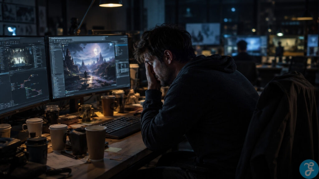 Crunch Culture Coverup featured image. Exhausted game developer working late in a dark studio, showing how the crunch culture coverup hides the human cost behind AAA game production