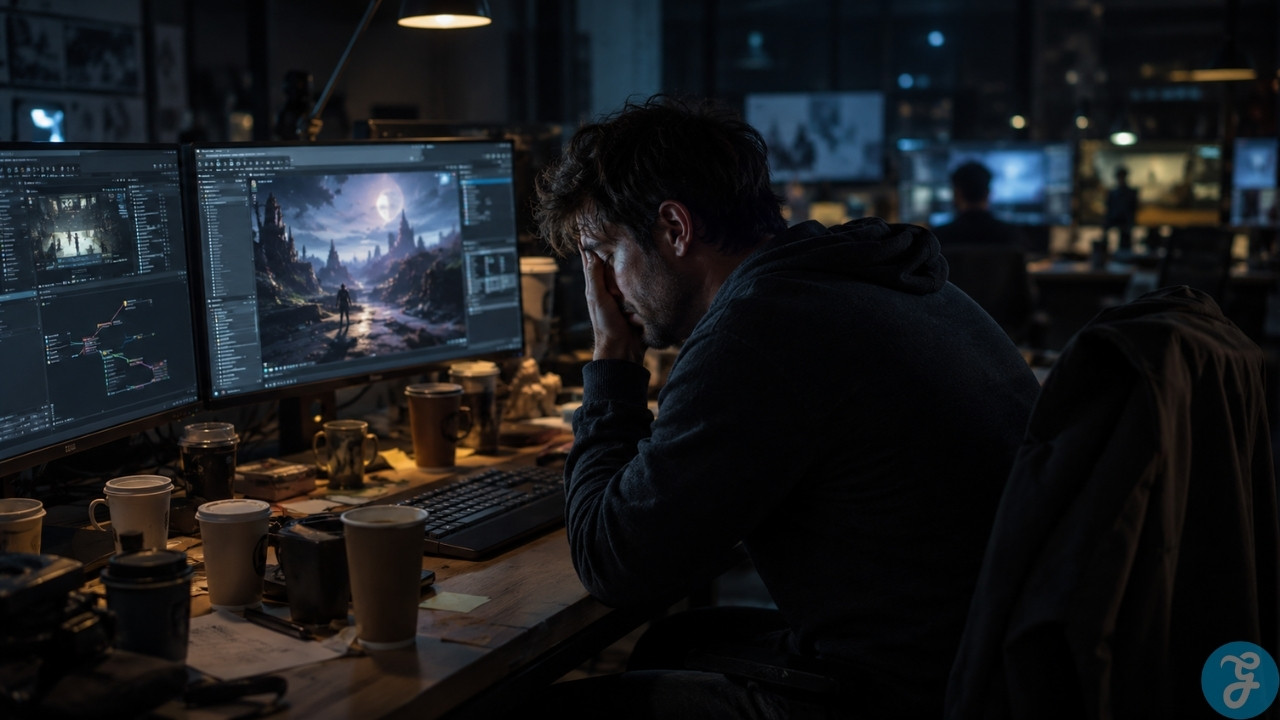 Crunch Culture Coverup featured image. Exhausted game developer working late in a dark studio, showing how the crunch culture coverup hides the human cost behind AAA game production