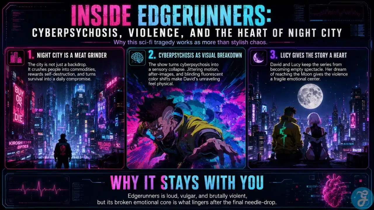 Infographic about Cyberpunk Edgerunners showing Night City, cyberpsychosis, David and Lucy, and the emotional heart of cyberpunk animation